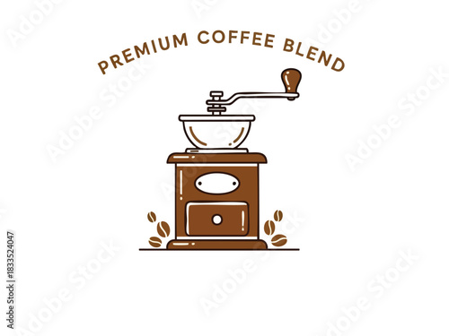 Premium Coffee Blend Illustration with Vintage Grinder Design