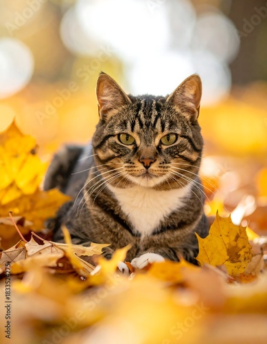 Tabby cat resting in golden autumn leaves, looking directly at the camera