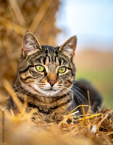 Tabby cat resting in hay