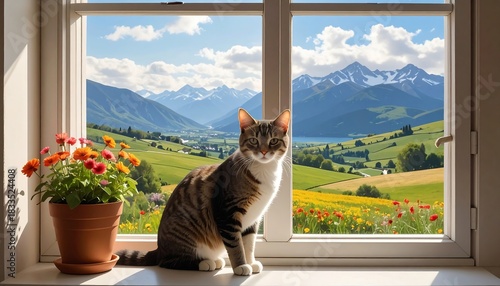 Tabby cat sits in window, overlooking a vibrant mountain valley scene