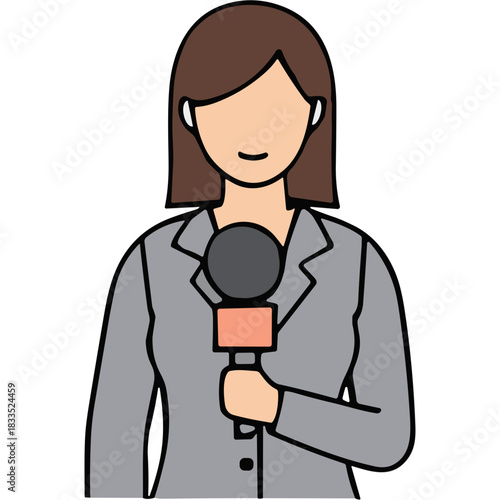 News Reporter Woman Holding Microphone Ready for Interview Wearing Gray Blazer and Earbuds on Gray Background Professional Journalism Broadcast
