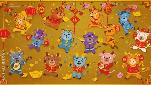 A festive collage of animated cartoon ox characters celebrating against a golden background with red lanterns