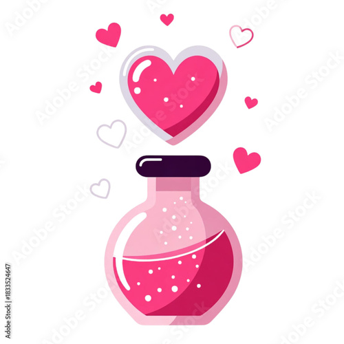 Love potion bubbling out of a flask with hearts floating around on white background