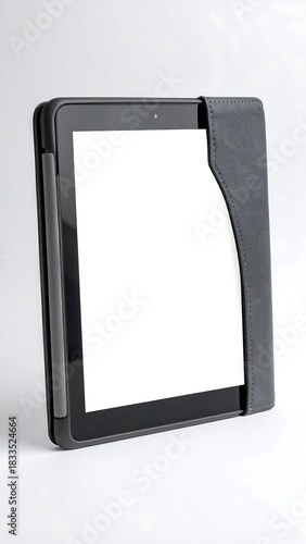 Tablet in case, white paper display, isolated on white backdrop