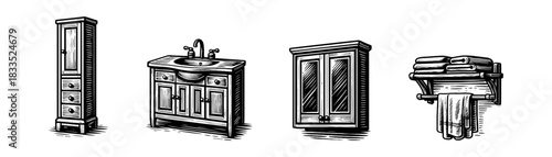 Bathroom furniture vintage engraving icons set