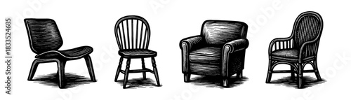 Chairs collection vintage engraving icons set