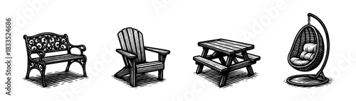 Outdoor garden furniture vintage engraving icons set