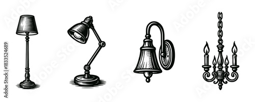 Lighting fixtures vintage engraving icons set