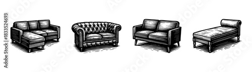 Sofas and chaise lounges vintage engraving icons set