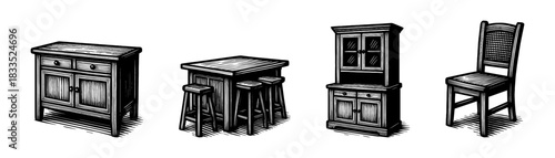 Kitchen and dining vintage engraving icons set