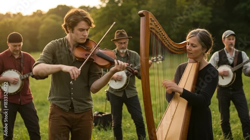 A folk music ensemble plays outdoors at sunset with a fiddle harp and banjos