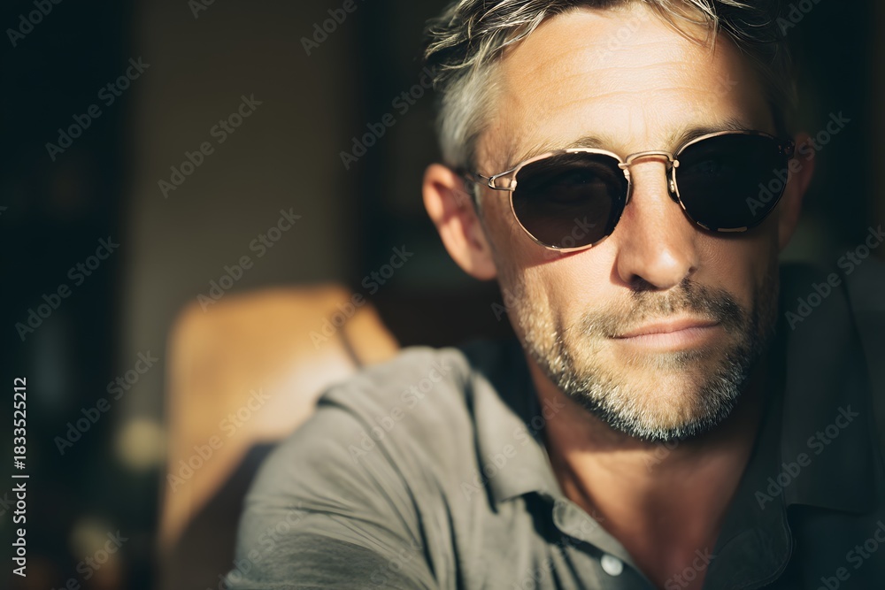 Obraz premium Man with silver hair and sunglasses posing in sunlight