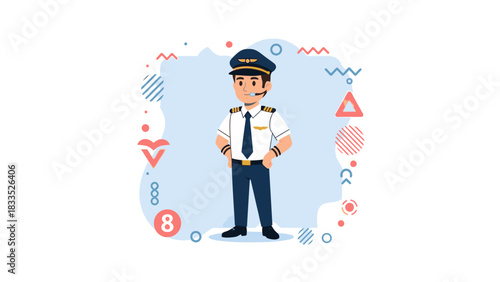 Cartoon illustration of a confident pilot in uniform, standing against a decorative light blue background.