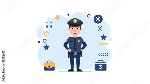 Cartoon illustration of a police officer standing in uniform with various geometric shapes and objects around him.