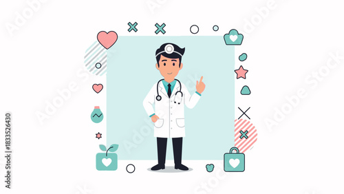 Cartoon doctor in white coat with stethoscope, giving a thumbs up, surrounded by decorative elements.