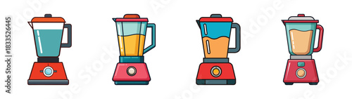 Illustration of kitchen blenders for smoothies and food prep appliances in various colors