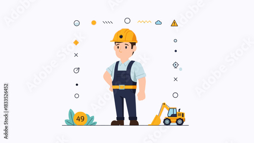 Cartoon construction worker wearing a hard hat and overalls standing near a small excavator.