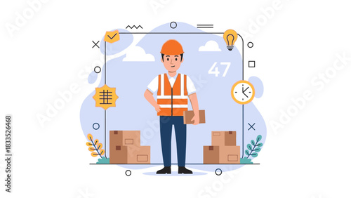 A construction worker in safety gear holding a box, surrounded by delivery-related icons.