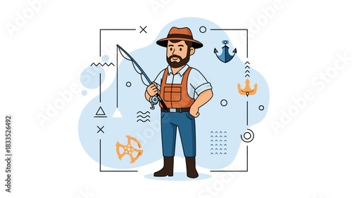 A cartoon fisherman stands proudly, holding a fishing rod, ready to catch fish.