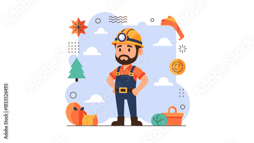 An illustrated miner with a beard, wearing work clothes, and various related elements.