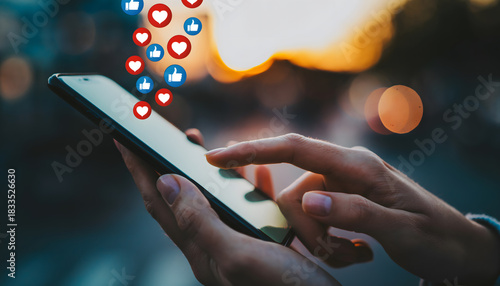 A person scrolls through social media on a smartphone while heart and like icons float above the screen, symbolizing online interaction and engagement in a lively city setting.