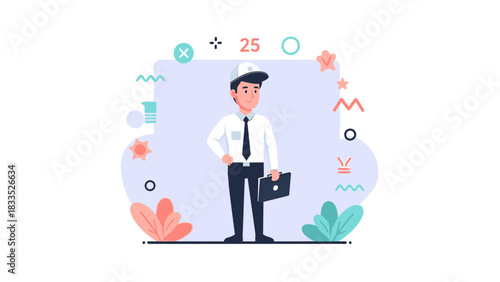 Illustration of a man in a hard hat holding a briefcase, standing against a decorative background.