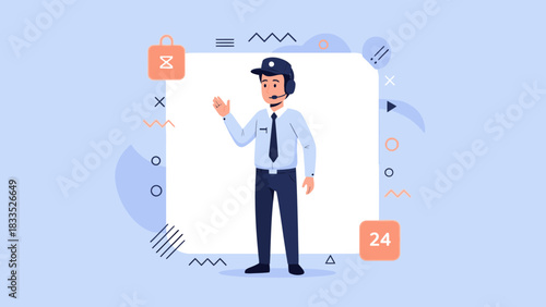 Cartoon illustration of a security guard wearing a headset, standing in front of a white square with abstract shapes around.