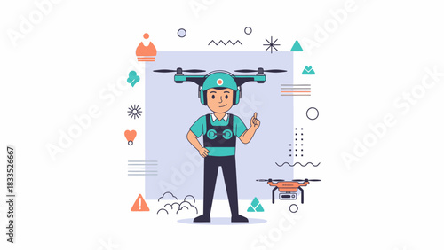 A cartoon illustration of a person operating a drone, giving a thumbs-up gesture.