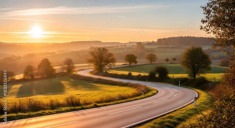 Fototapeta premium Curved road glowing in twilight, cinematic warm realism with trees and rolling hills