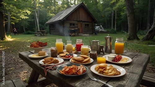 A bountiful woodland breakfast spread, featuring a variety of delicious foods and beverages, set against a rustic cabin backdrop