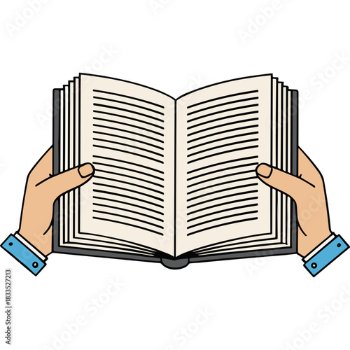 Open Book Held By Two Hands Wearing Light Blue Shirt Detailed Illustration With Black Background