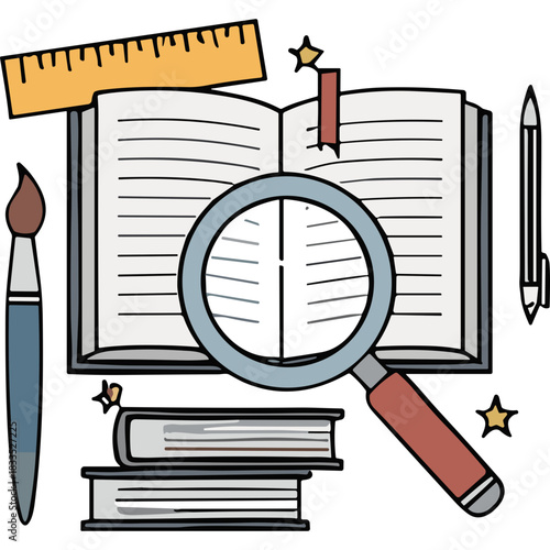 Open Book Magnified With Ruler Paintbrush Pen And Stacked Books Detailed Study Supplies On White Background Knowledge Learning And Research Concept