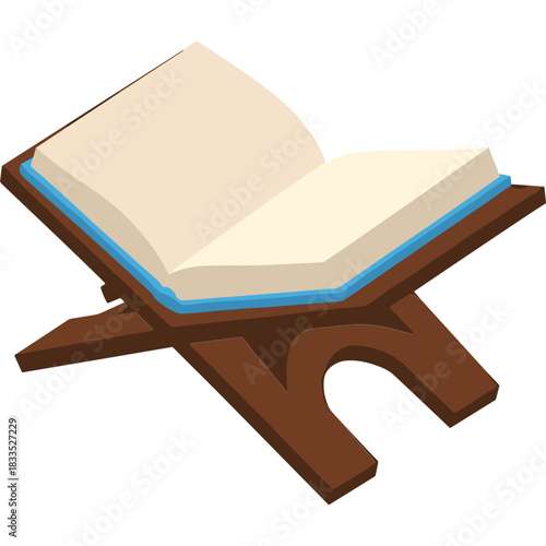 Open Book on a Wooden Stand with Light Cream Pages and a Blue Binding Detailed Illustration Against a Black Background with Soft Lighting