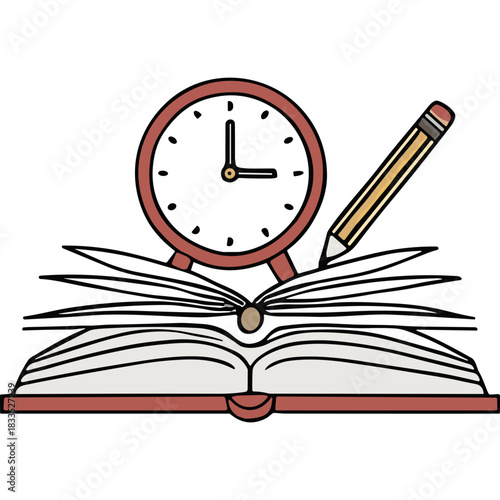 Open Book With Alarm Clock and Pencil Suggesting Education Time and Knowledge Acquisition Concept
