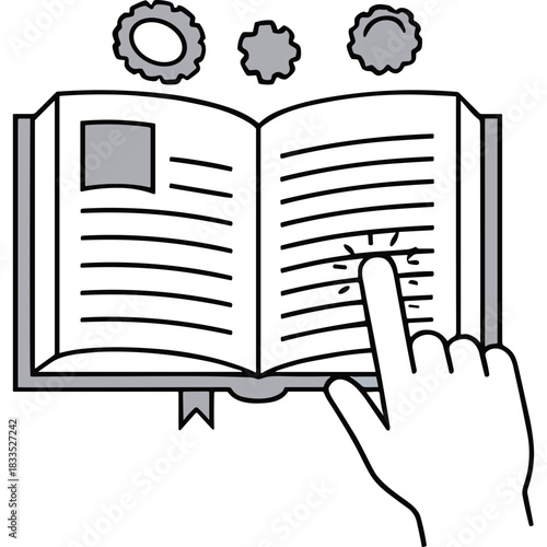 Open Book With A Finger Touching A Page And Cogwheel Icons Above Illustration Representing Knowledge And Learning