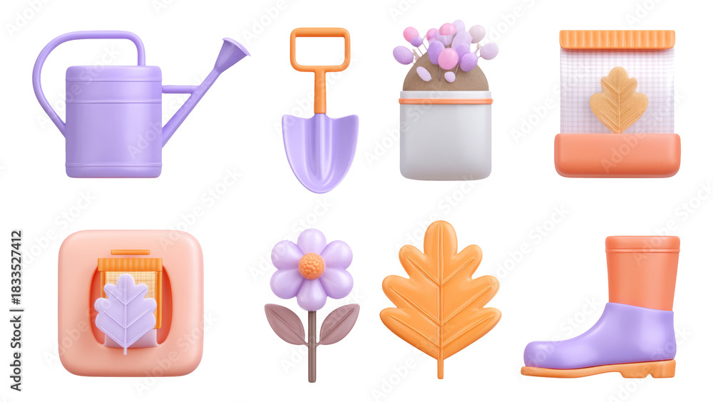 Obraz premium Colorful Spring Gardening Tools and Accessories in Pastel Shades on Transparent Background