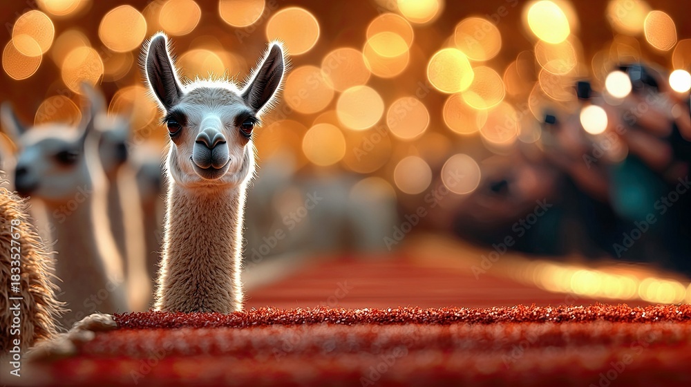 Fototapeta premium A close-up of a llama looking directly at the camera, set against a blurred background of warm bokeh lights. The llama is the central focus, with a festive and