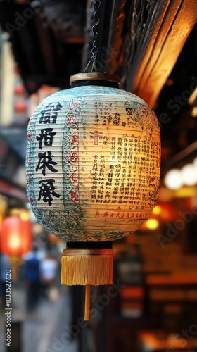 Close-up of a traditional Chinese lantern hanging from a wooden structure, illuminated from within, with a blurred street scene in the background.