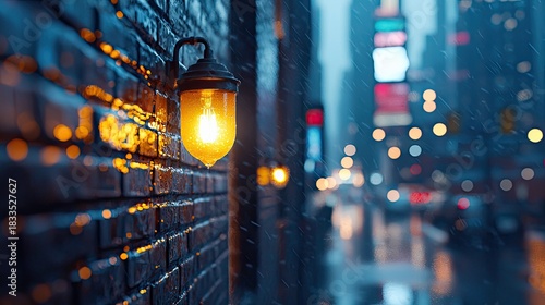A glowing lamp on a brick wall in the rain at night, with a blurred city street in the background.