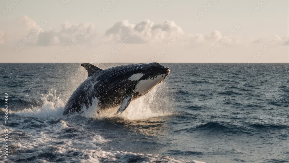 Fototapeta premium A killer whale leaps from ocean water, creating splash under a cloudy sky