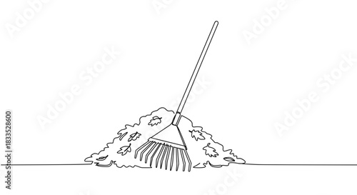 Line drawing of a garden rake leaning against a pile of soil in a backyard setting, showcasing garden maintenance tools on a transparent background