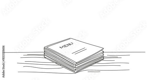 Line drawing of a stack of books resting on a wooden table, depicting closed notebooks with blank covers and visible pages, on a transparent background.