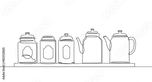 Line drawing of various tea kettles and pots arranged on a flat surface, isolated on a transparent background, showcasing unique shapes and features