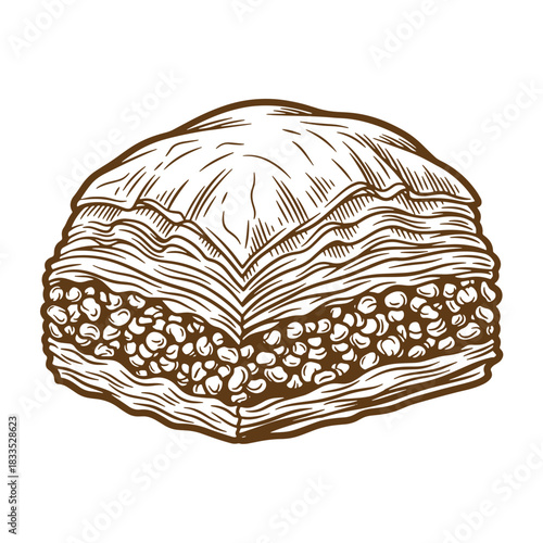 Artistic hand drawn sketch of delicious traditional baklava dessert isolated on white background