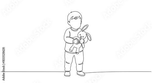 Line drawing of a young child holding a stuffed bunny toy while standing on a flat surface, isolated on a transparent background with simple outlines and minimal details.