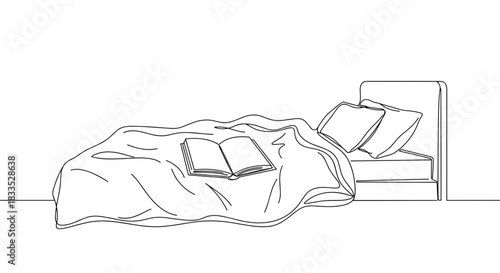 Line drawing of a cozy bedroom scene featuring a neatly made bed with an open book on the blanket, illustrated in a minimalist style on a transparent background