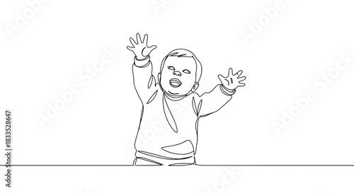 Line drawing of a joyful child with arms raised in excitement, expressing happiness and enthusiasm while isolated on a transparent background.