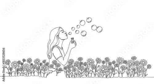Young woman blowing soap bubbles in blooming daisy field, minimalist black line art illustration isolated on transparent background, spring floral outline drawing, romantic nature scene