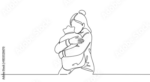 Line drawing of a person hugging a cat while sitting on the floor, in a cozy indoor setting with a relaxed atmosphere on a transparent background