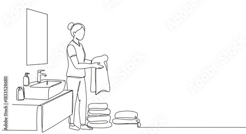 Line drawing of a woman folding towels in a modern bathroom setting with a sink and clean accessories on a transparent background